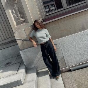 NWT Zara Ribbed Knit Cropped Short Sleeve Crewneck Sweater In Light Blue - L